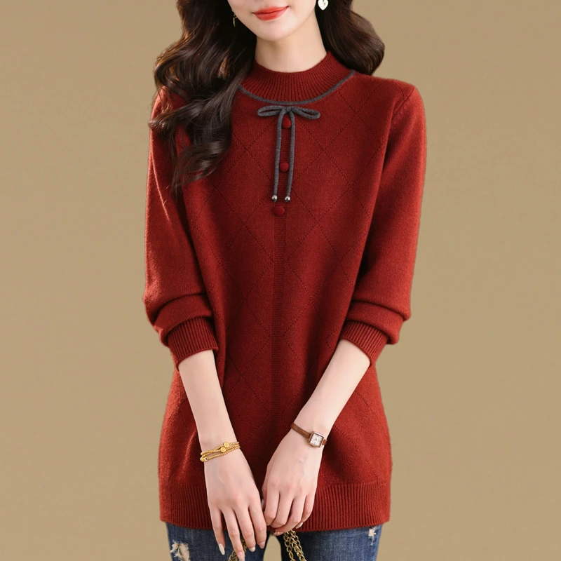 高级感超好看蝴蝶结毛衣女中长款遮屁股秋冬宽松气质针织打底衫厚