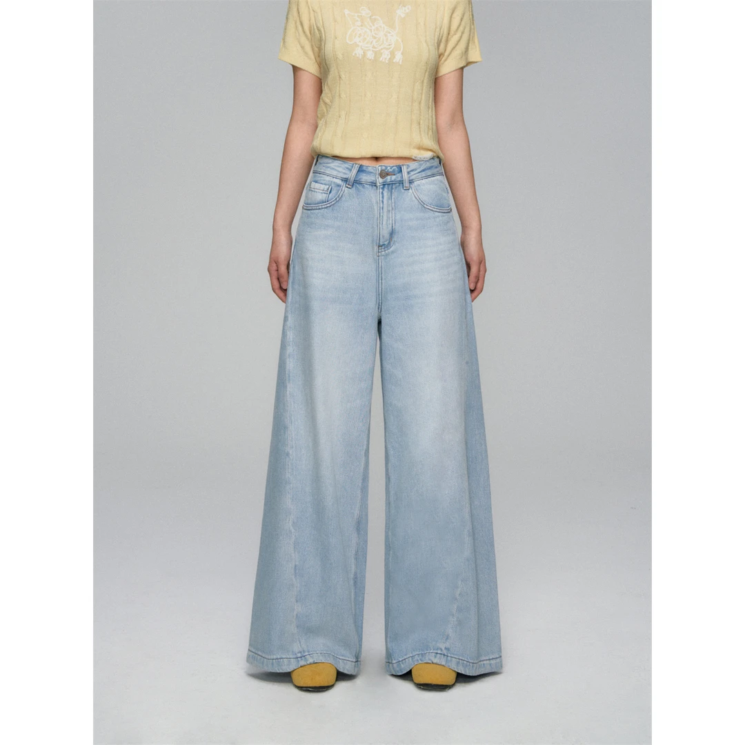 AsGony百搭分隔浅色洗水弯刀牛仔裤女夏薄款复古高腰阔腿显瘦长裤