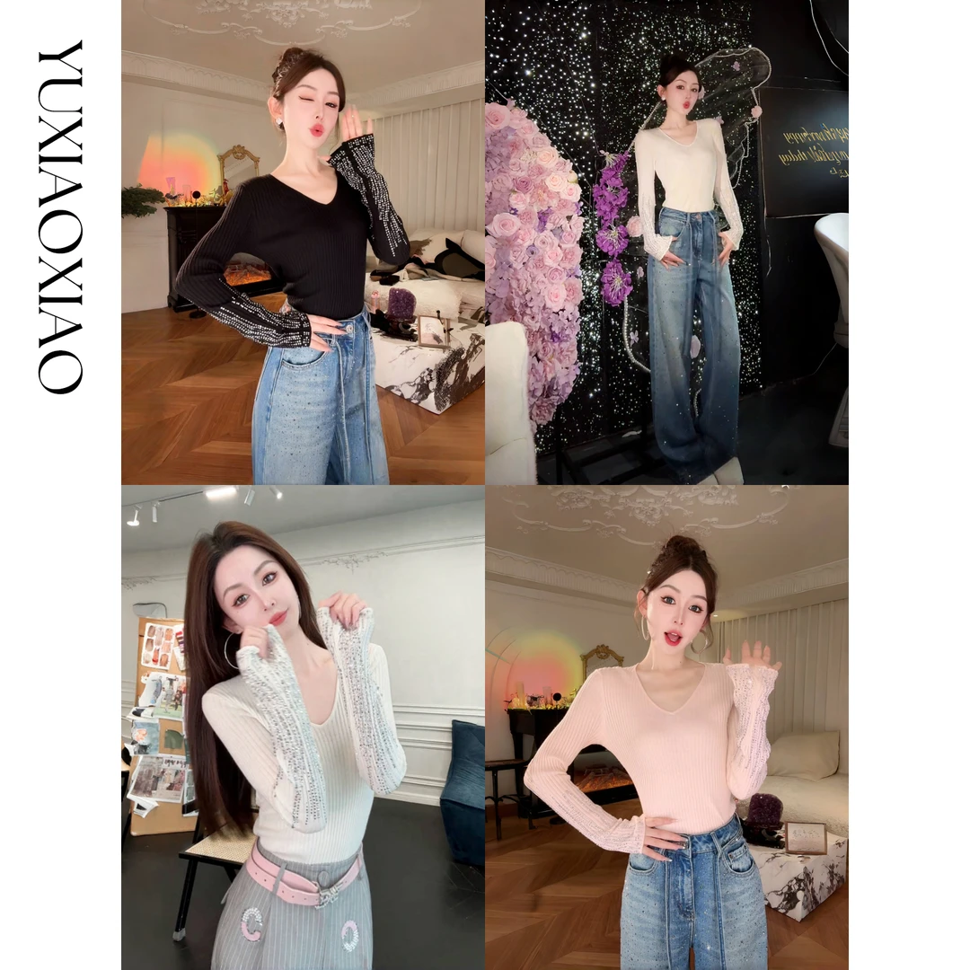 余潇潇【绵柔星愿】绵羊毛混纺纱线袖口烫钻V领百搭针织打底衫