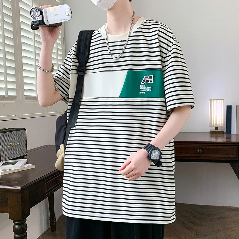 Mexican/稻草人2025夏季学院风潮百搭大码拼接条纹圆领短袖T恤男