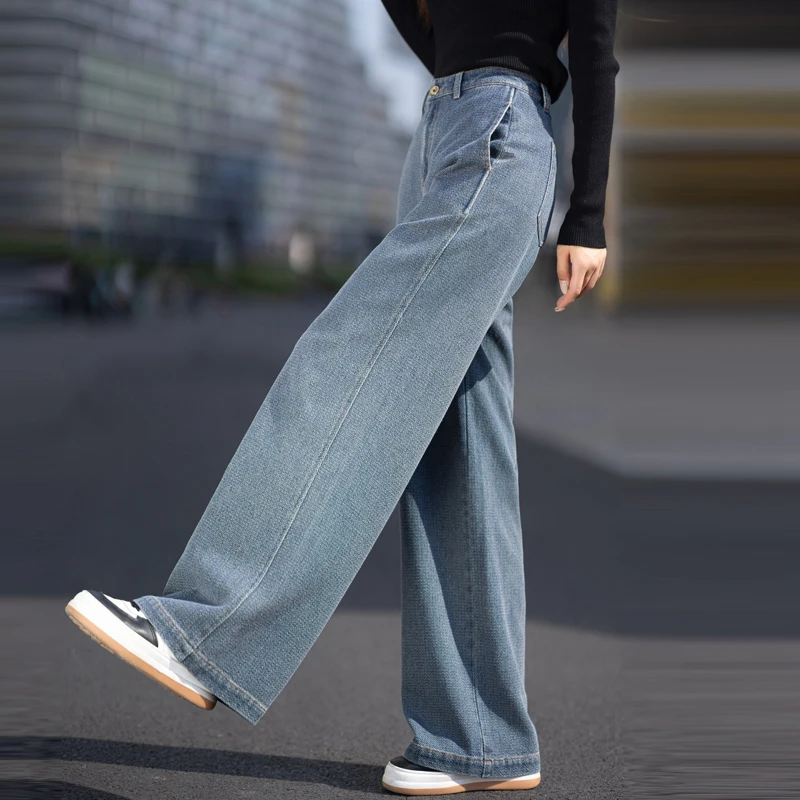 怀旧蓝提花牛仔裤女阔腿裤爆款2025新款春秋季肌理感裤子女直筒裤