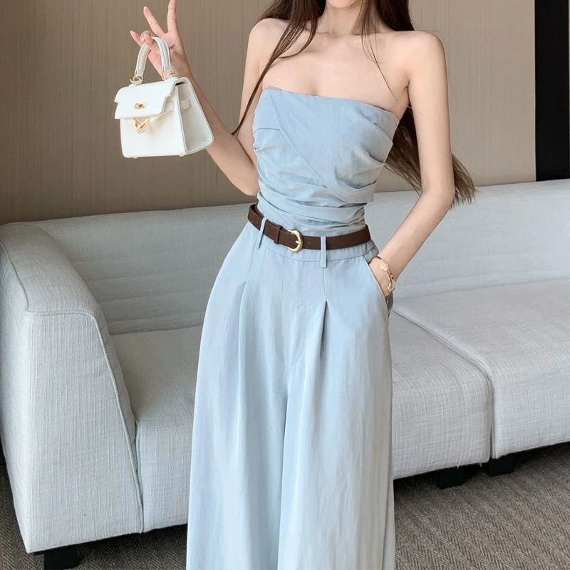 辣妹时尚气质抹胸牛仔连体裤女夏季薄款设计感显瘦垂感拖地阔腿裤