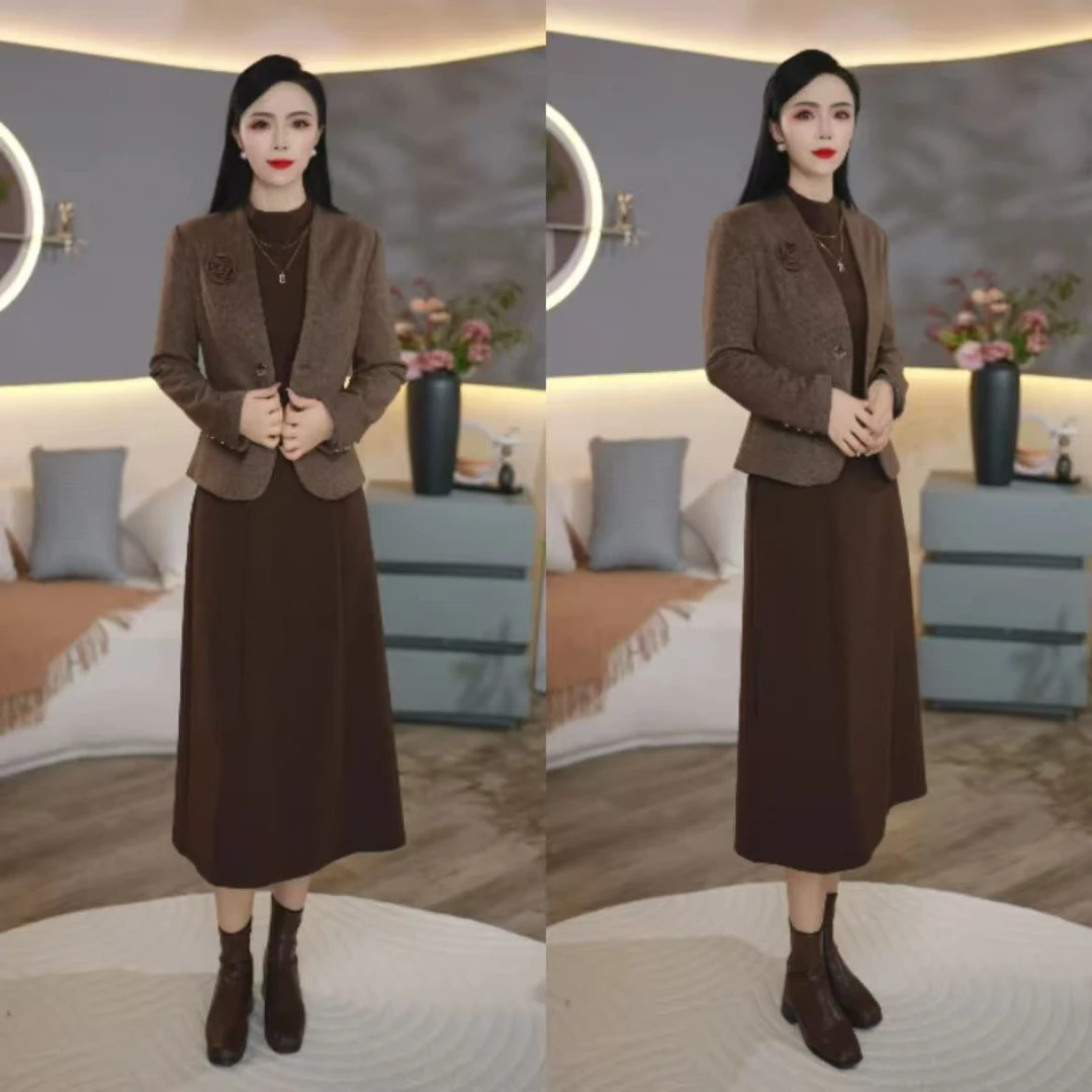 【外套+连衣裙】秋季新款半高领长袖优雅百搭修身显瘦两件套裙子