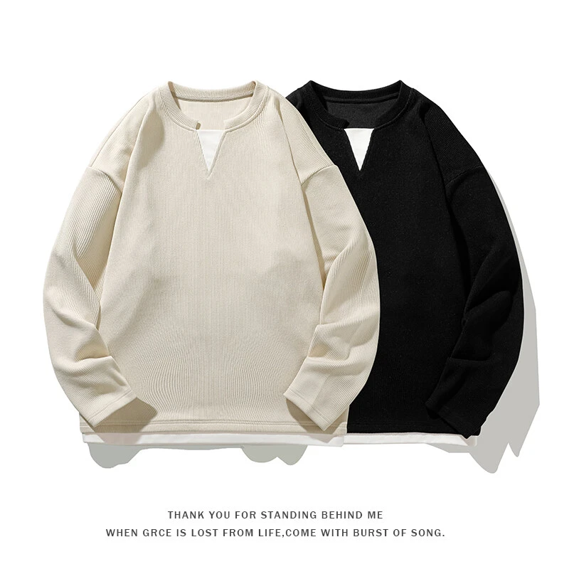 假两件肌理感V领长袖T恤男秋季新款潮流大码时尚慵懒风纯色打底衫