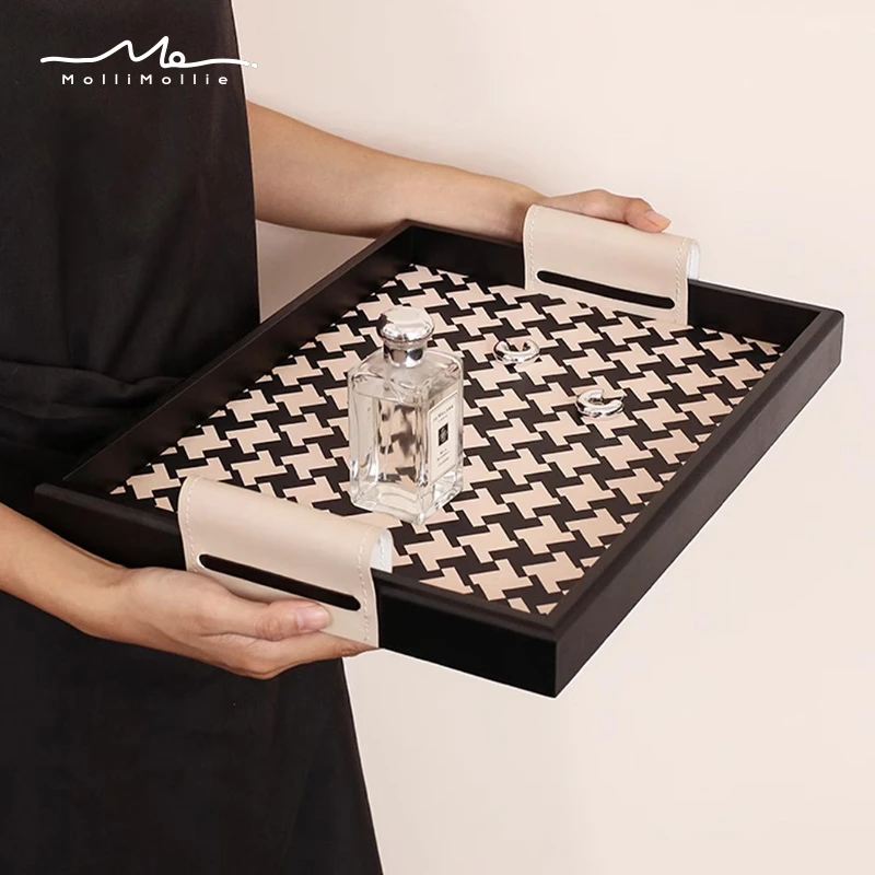 千鸟格托盘茶盘轻奢高端法式高档家用收纳盘钥匙收纳摆件入门轻奢