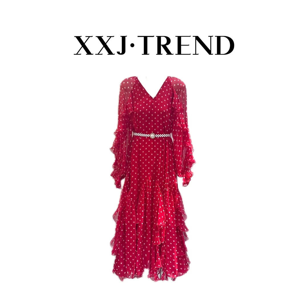 XXJ【雨露&红标100%桑蚕丝】2025年春夏新款法式波点轻奢连衣裙7155