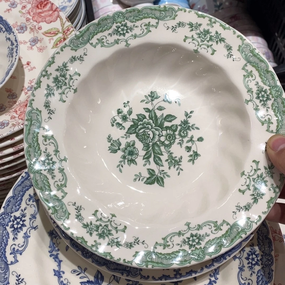 瓷微瑕绿色八寸草帽盘