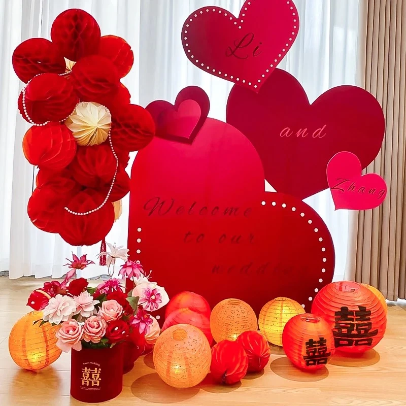 结婚蜂窝球立柱新房客厅卧室装饰品灯笼红色婚礼拉花婚房布置套装