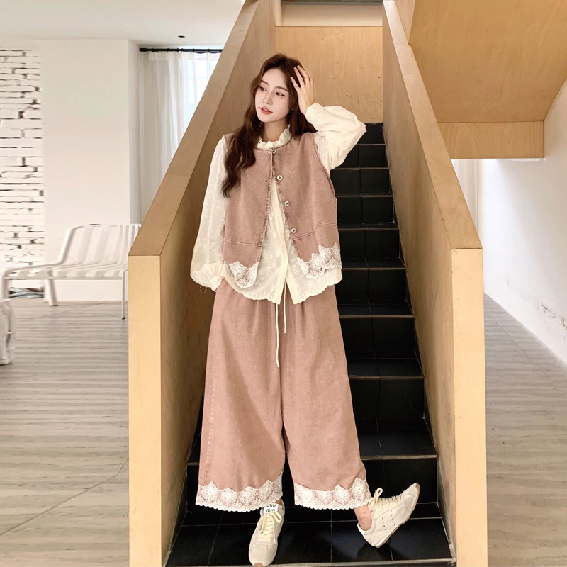 甜酷氛围感马甲衬衫半裙套装2025春秋新款可盐可甜蕾丝拼接三件套