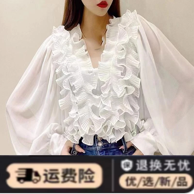 2024春夏新韩版洋气木耳荷叶领短款衬衣修身上衣女显瘦雪纺灯笼袖