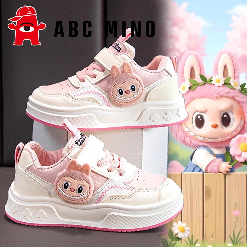 ABC MINO童鞋女童秋季2025新款儿童皮面运动小白鞋女孩拉布布板鞋