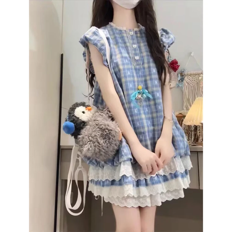 女童别致裙子泡泡袖格子连衣裙儿童学院风蛋糕裙夏季2025新款大童