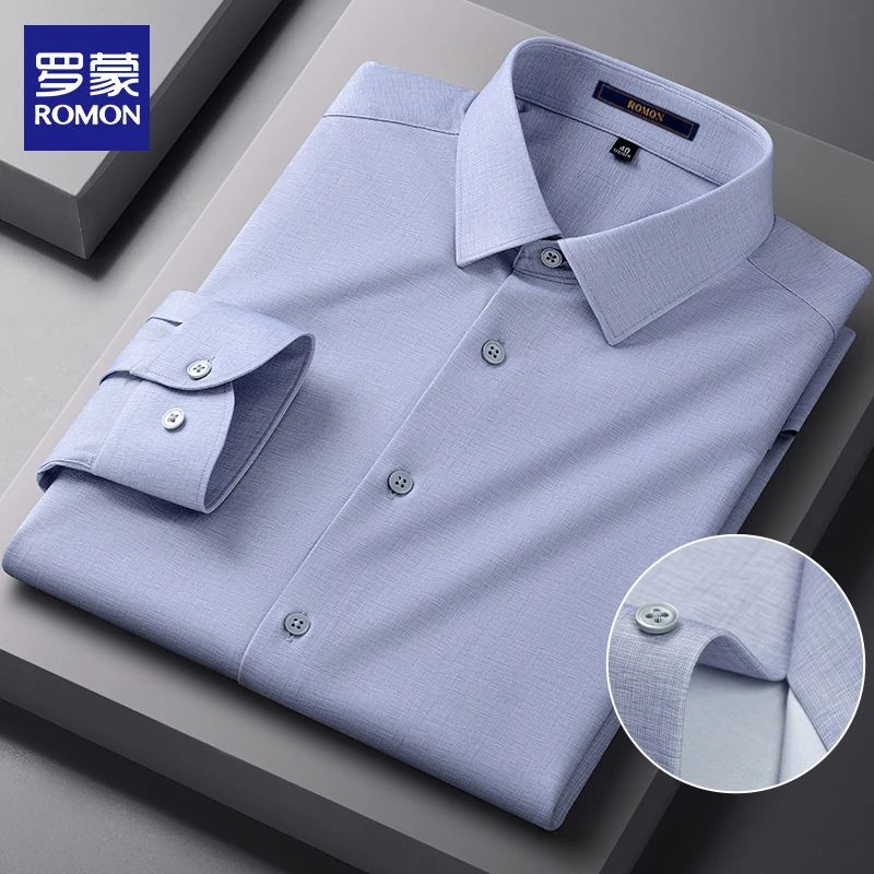 罗蒙男士无痕莫代尔长袖衬衫春夏薄款免烫抗皱弹力休闲高级感衬衣