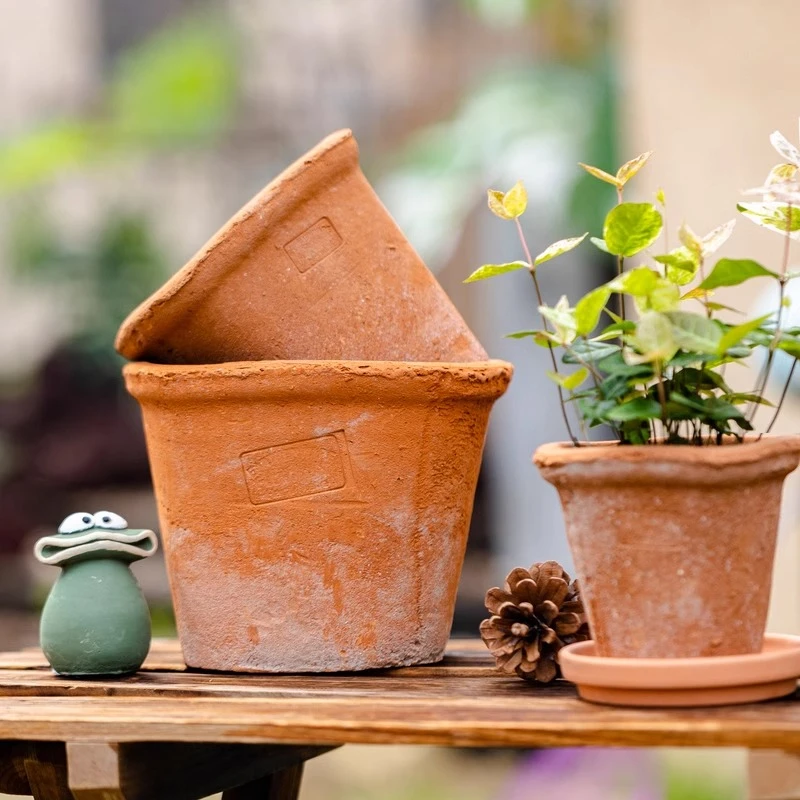 手工陶土透气复古做旧红陶花盆多肉绿植盆栽瓦盆盆器大号杂货花园