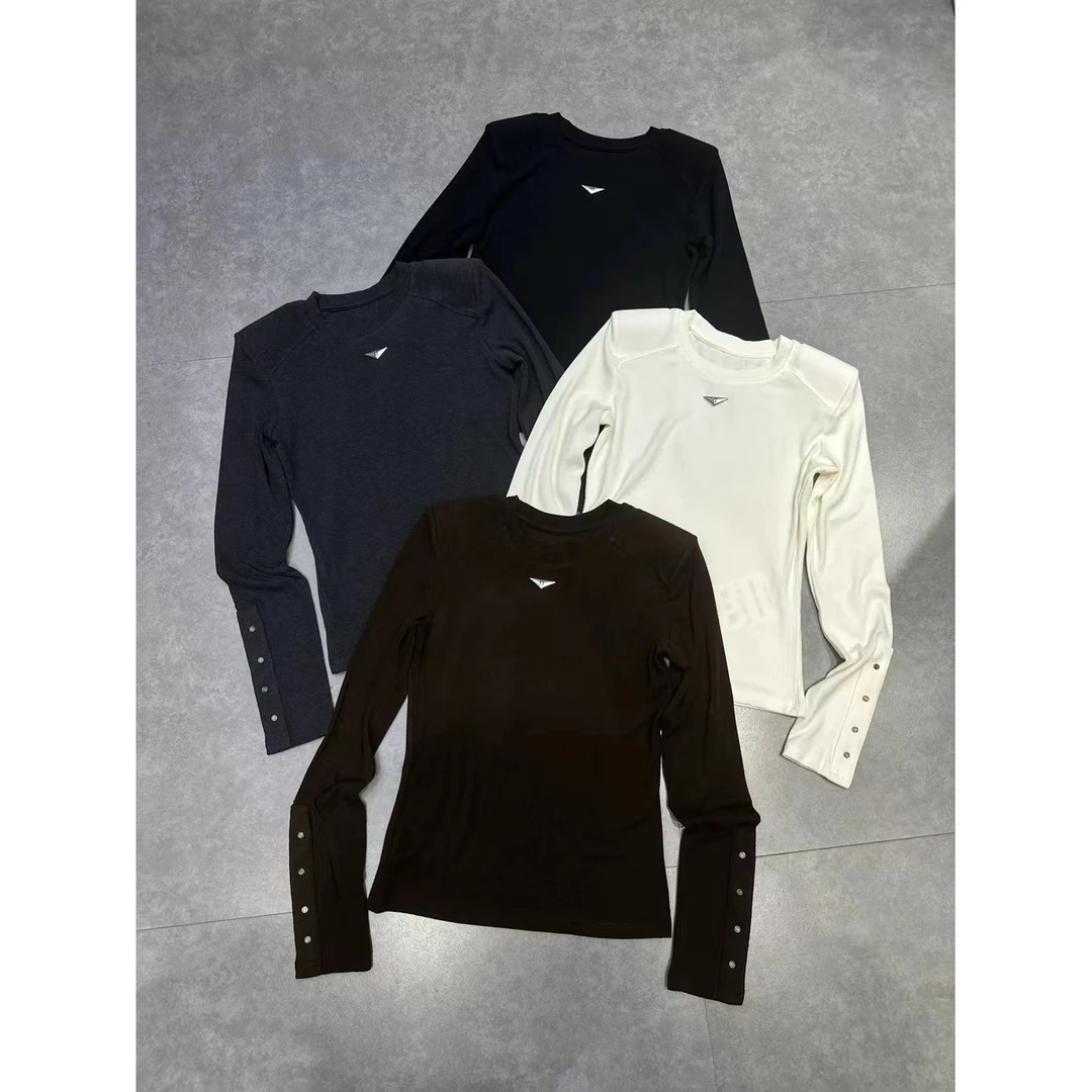 1203#圆领纯色打底衫女欧货2025冬装新款长袖正肩小众辣妹上衣