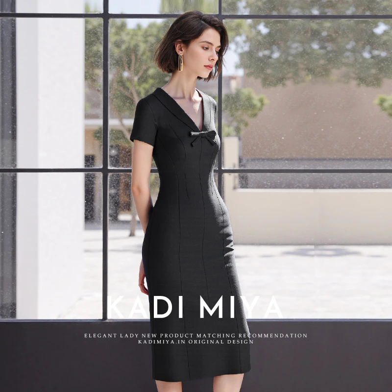 KADIMIYA荡领收腰气质后深V蝴蝶结连衣裙