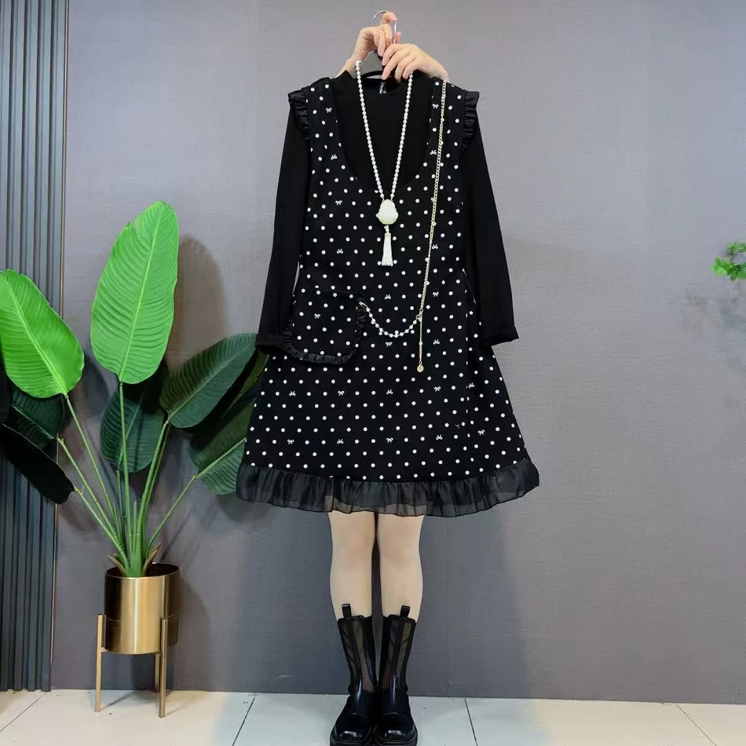 小香风网红爆款套装裙2025秋季新洋气减龄飞飞袖波点背带裙打底衫