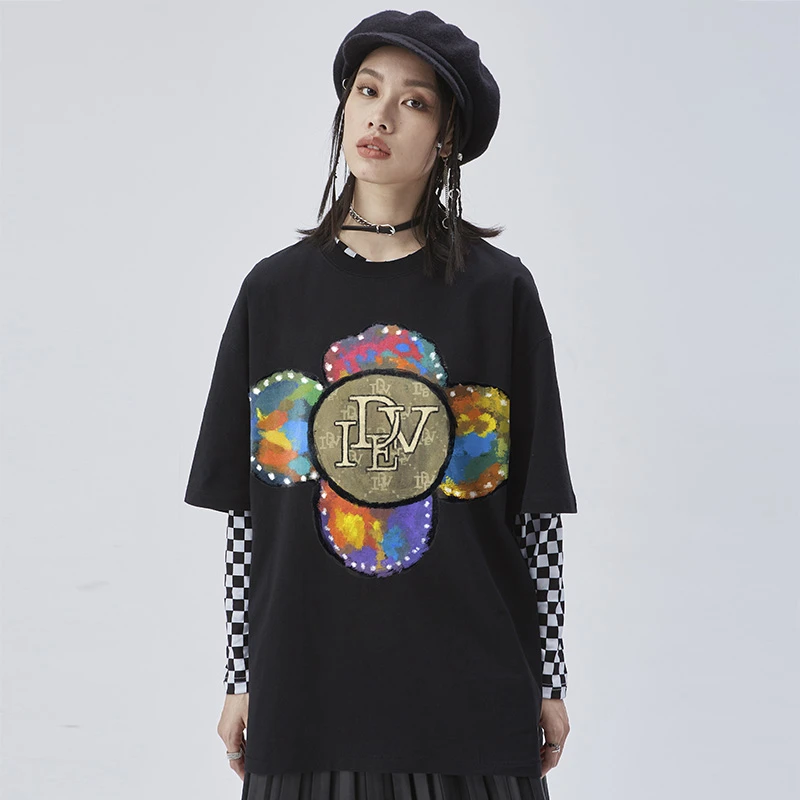 ideverray手绘夜光七彩太阳花短袖t恤男潮牌夏季小众原创体恤上衣