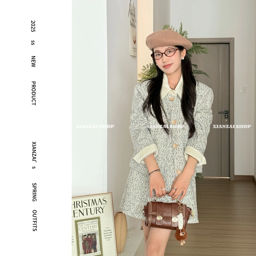 XIANZAI【奥奥椰香】秋冬反季格雷系｜假两件小香风外套