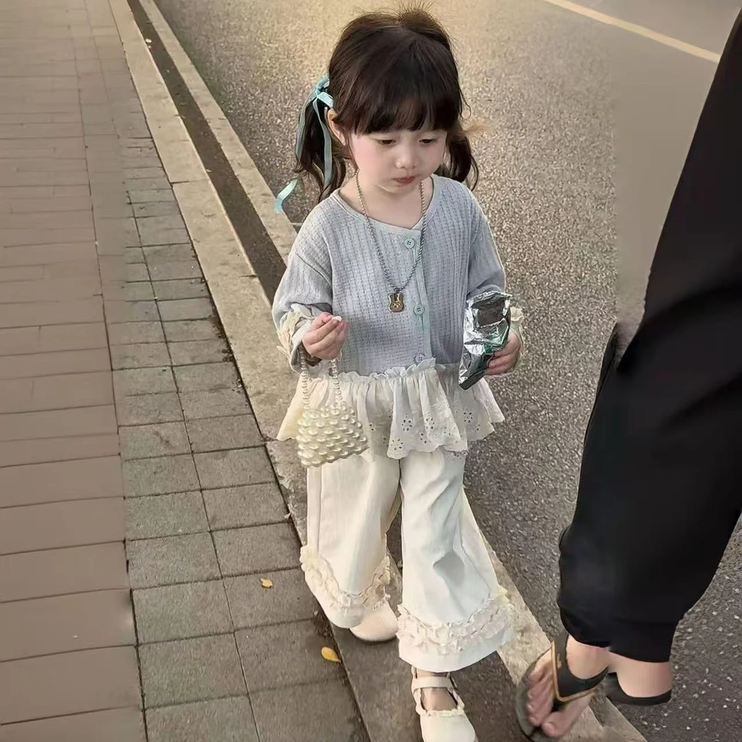 新款好看春秋款中小女童韩系春女宝洋气拼接开衫外套衬衣花边