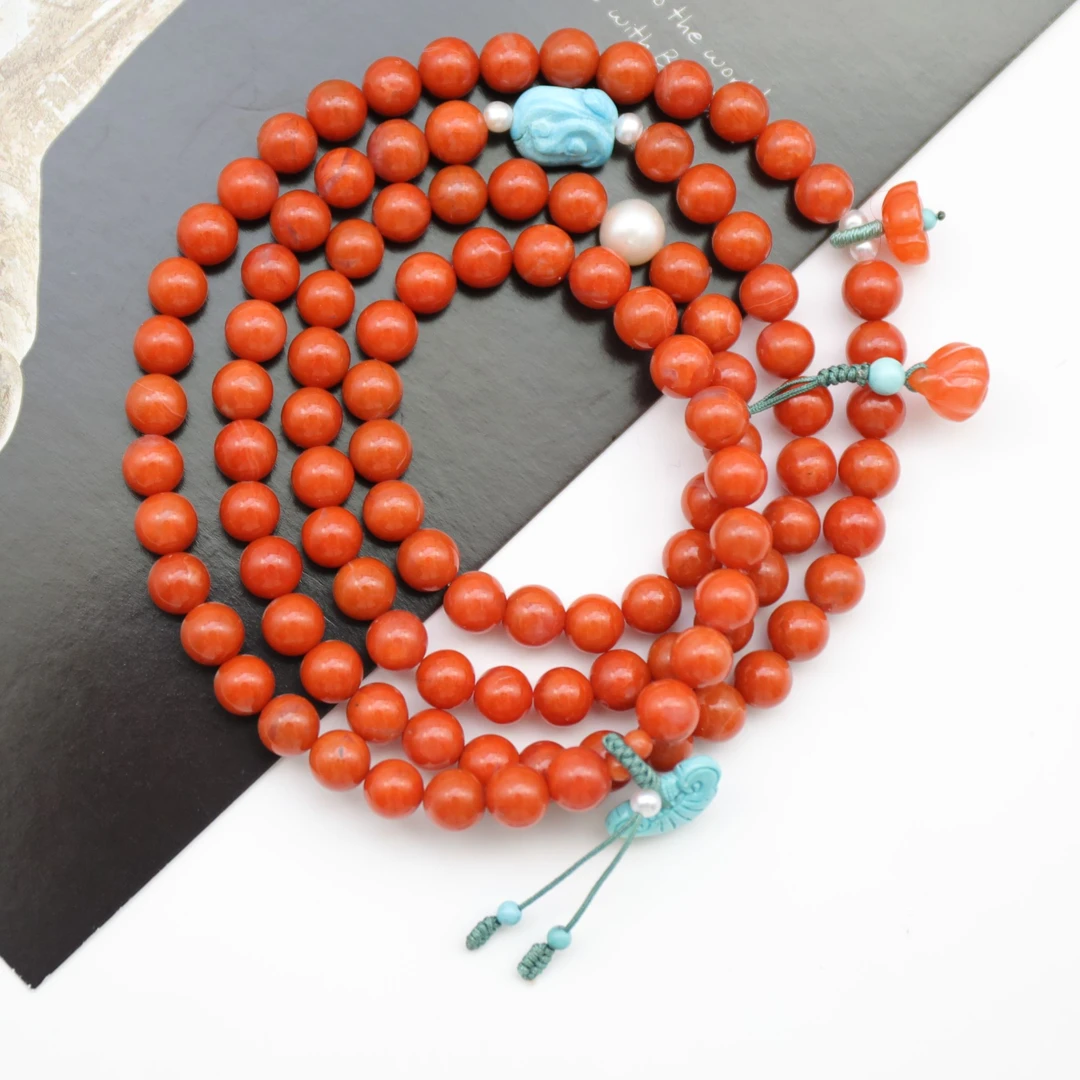 【妙安原创】天然满色南红配绿松配石珍珠隔珠108颗念珠圆珠手串6mm