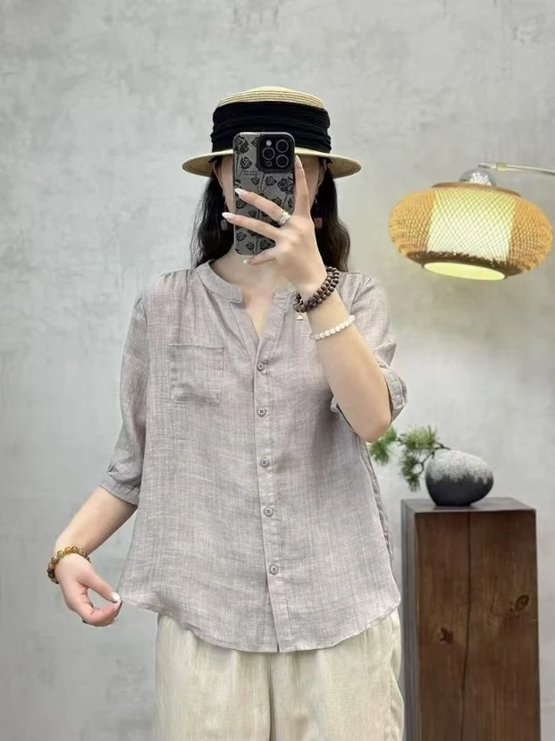 纯苎麻V领潮流韩版女士衬衫文艺高货上档次女款宽松文艺薄款7066
