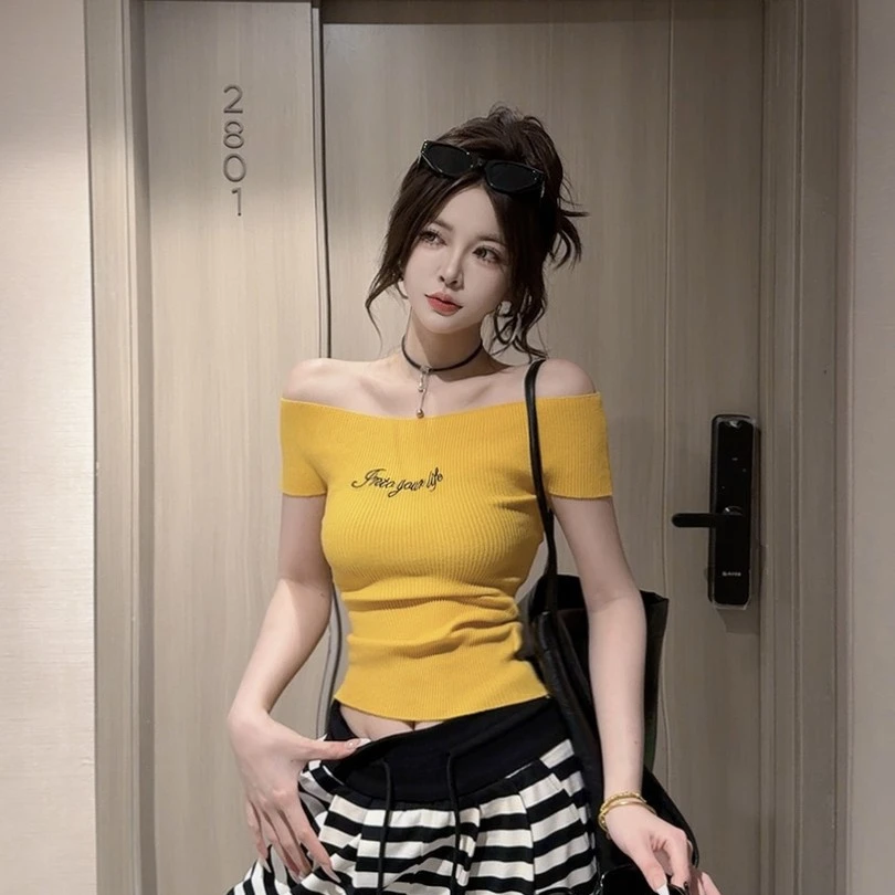 夏季新品时尚百搭显瘦性感辣妹露肩短袖一字肩针织T恤女裤子套装