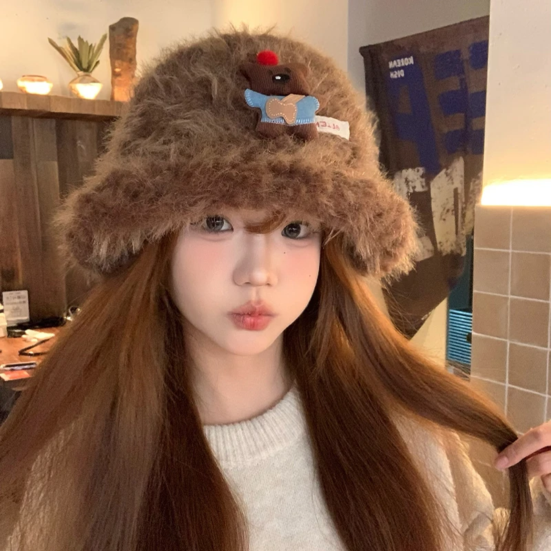 可爱小熊棕色毛绒帽子女秋冬加厚保暖防寒毛茸茸渔夫帽显脸小盆帽