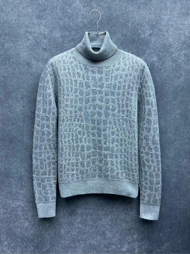 99新 YSL/圣罗兰  圣罗兰格纹设计高领灰色针织羊绒毛衣 M码/1336