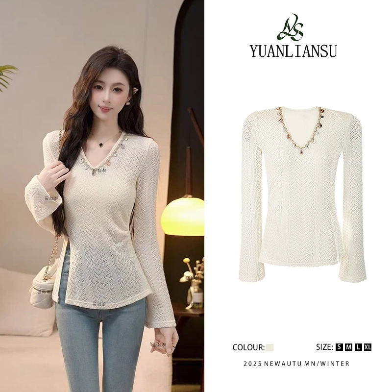 YUANLIANSU/圆脸酥【杏仁奶茶】2025法式新款镂空V领显瘦开叉上衣