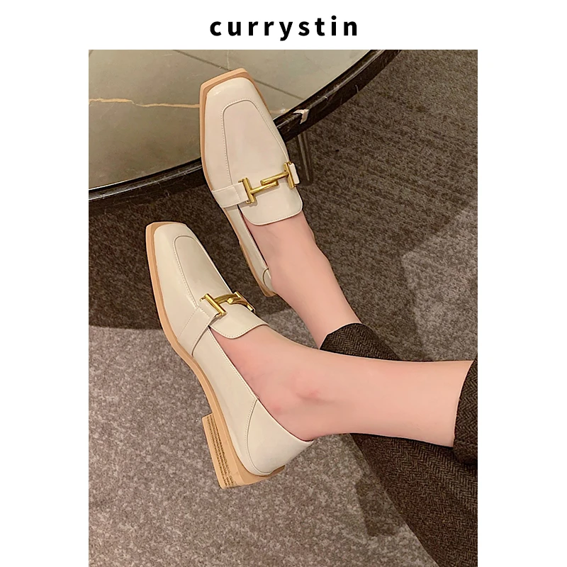 2025春季英伦乐福鞋女新款法式复古方头小皮鞋懒人一脚蹬金属单鞋