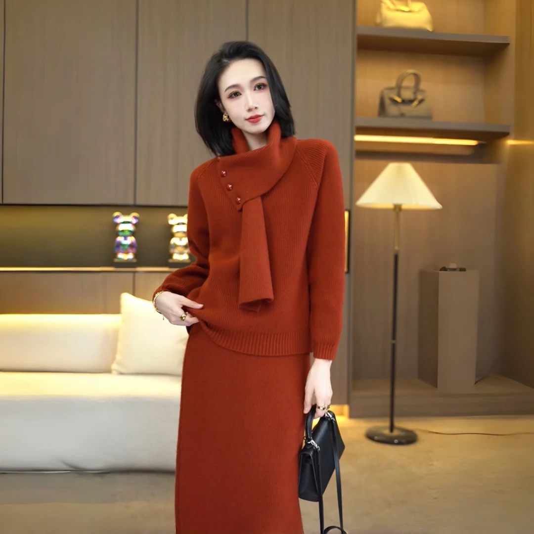 欧颍昇2025秋冬新款轻奢高级感毛衣配围巾百搭洋气针织毛衣7396