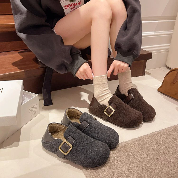 勃肯鞋女2025灰色毛呢厚底百搭两穿毛毛鞋加绒保暖穆勒鞋半拖棉鞋