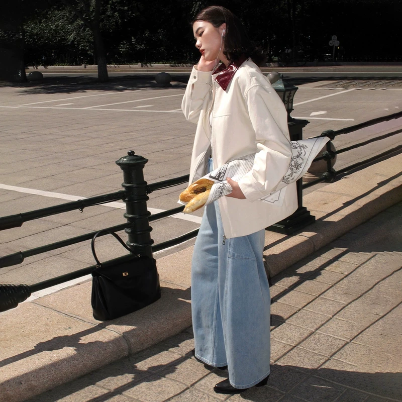 PLUSMALL BF风夹克 韩国进口拼色PU翻领复古廓形风衣PLUS2408121