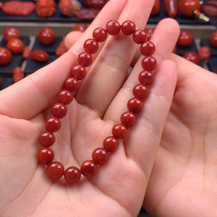 南红玛瑙未镶嵌玫锦色圆珠手串7MM+