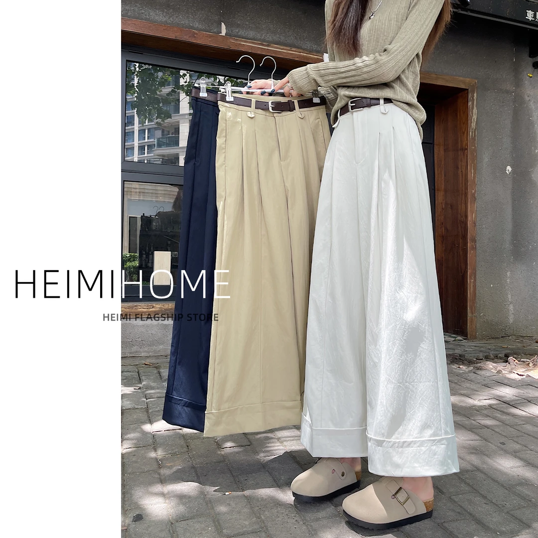 米白色压褶直筒裤女春秋季高腰宽松九分休闲裤小个子卷边阔腿裤子