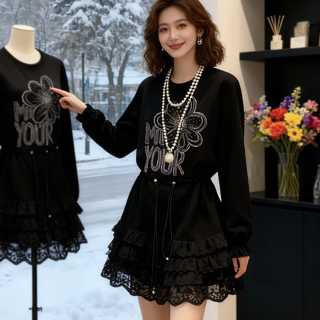 冬季新款大码女装时尚气质蕾丝拼接烫钻收腰显瘦胖mm连衣裙