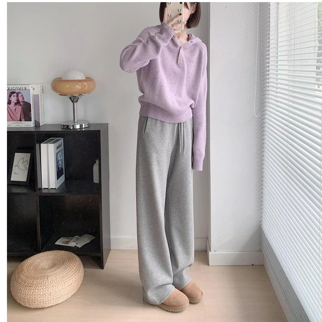 2025春秋新款韩系套装女高级感紫色连帽毛衣灰色休闲裤两件套9304