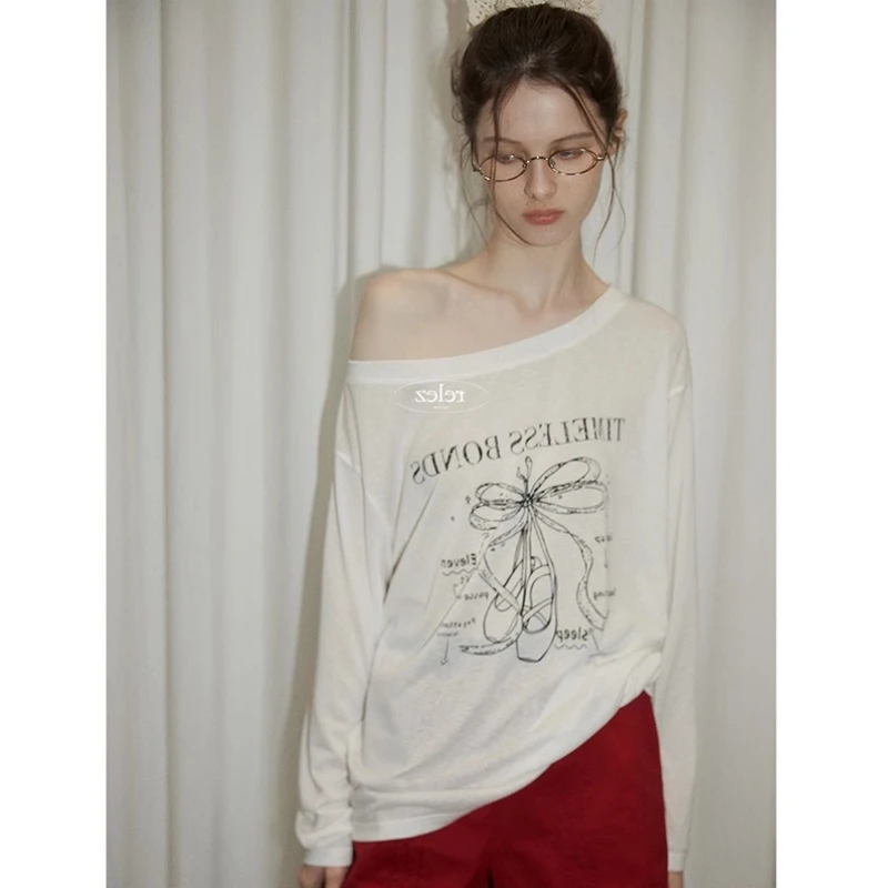 白色印花斜肩长袖t恤女2025新款早秋薄款防晒罩衫慵懒风韩系上衣