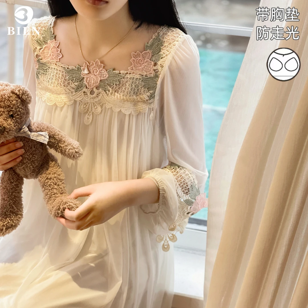 睡裙女2025年春秋季新款方领网纱莫代尔公主风法式宫廷睡衣家居服