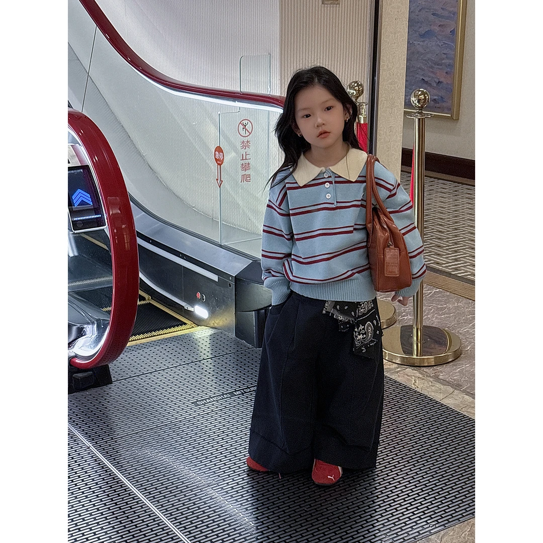 Harper kids 韩系女童秋季洋气POLO领条纹针织毛衣 H25D020849