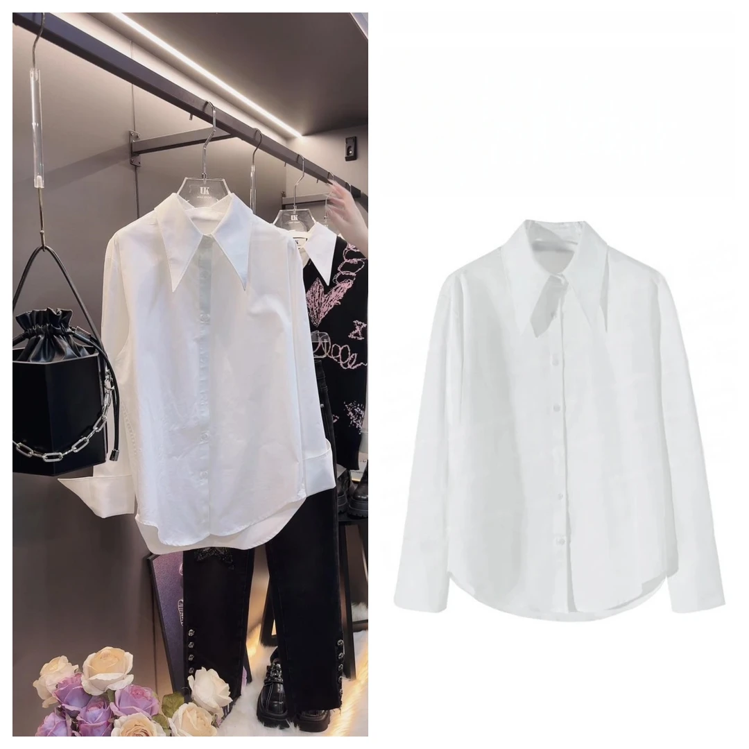 设计师自带珍珠的低调光泽和精致感气质时尚长袖白衬衫W1088
