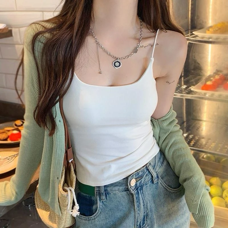 拉夏贝尔2024女款夏季纯色吊带内搭无胸垫背心外穿打底修身短款百