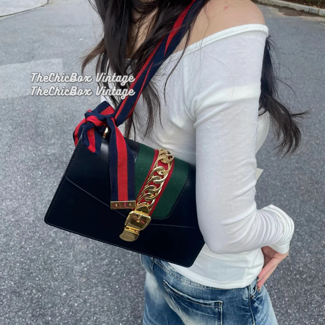 95新 GUCCI/古驰 只盒/Gucci经典款小号黑金双肩带塞尔维亚单肩包