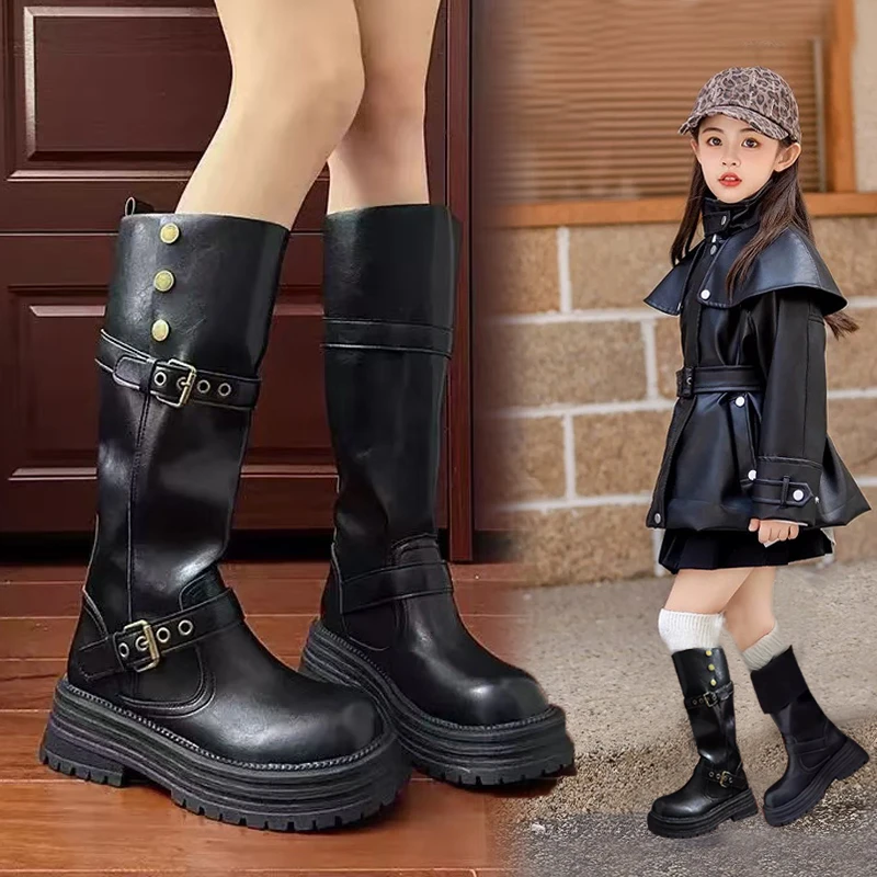 女童皮靴2025秋冬季儿童长筒靴中大童百搭高筒靴防滑时装靴马丁靴