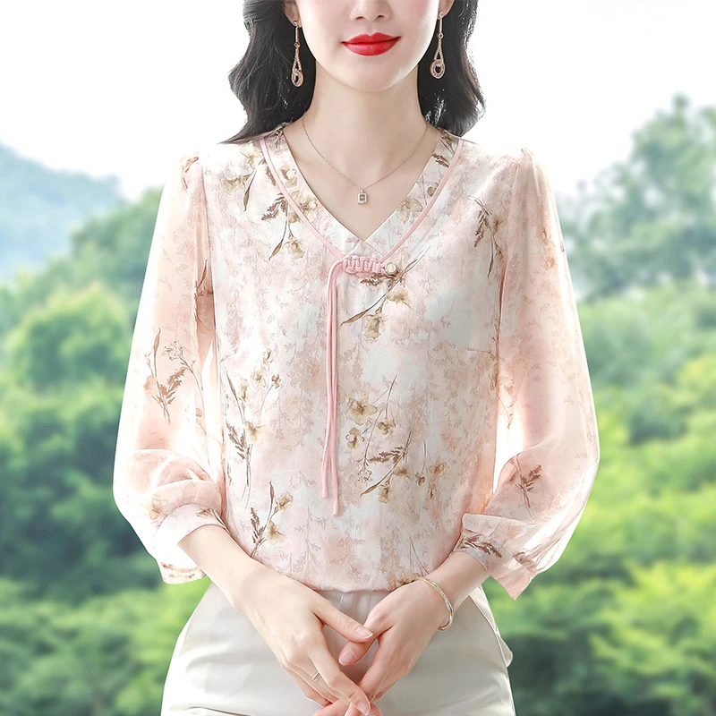 七分袖碎花雪纺衬衫女精致漂亮中式气质春夏新款时尚小衫上衣