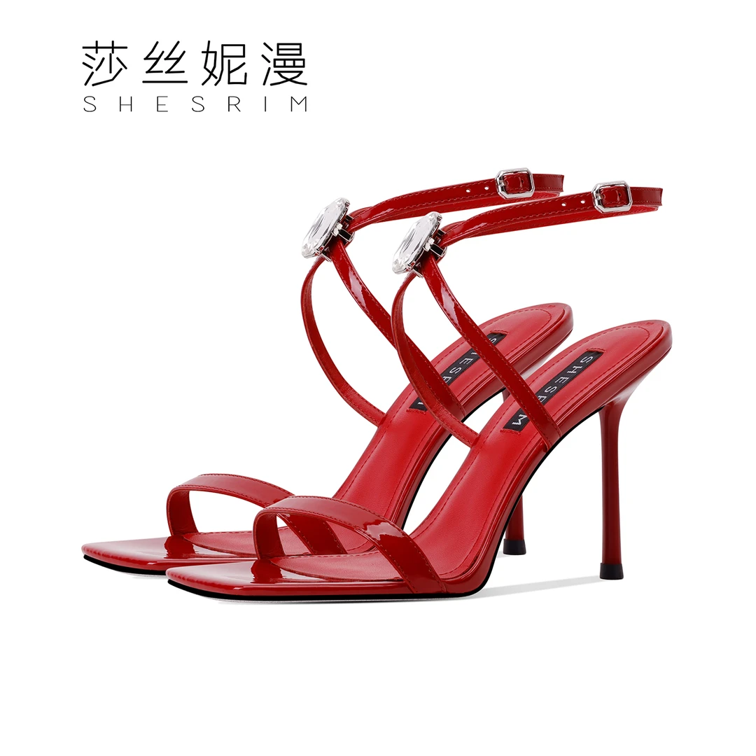 「璀璨星河」时装凉鞋女夏季新款一字带女士细高跟凉鞋真皮方头凉鞋