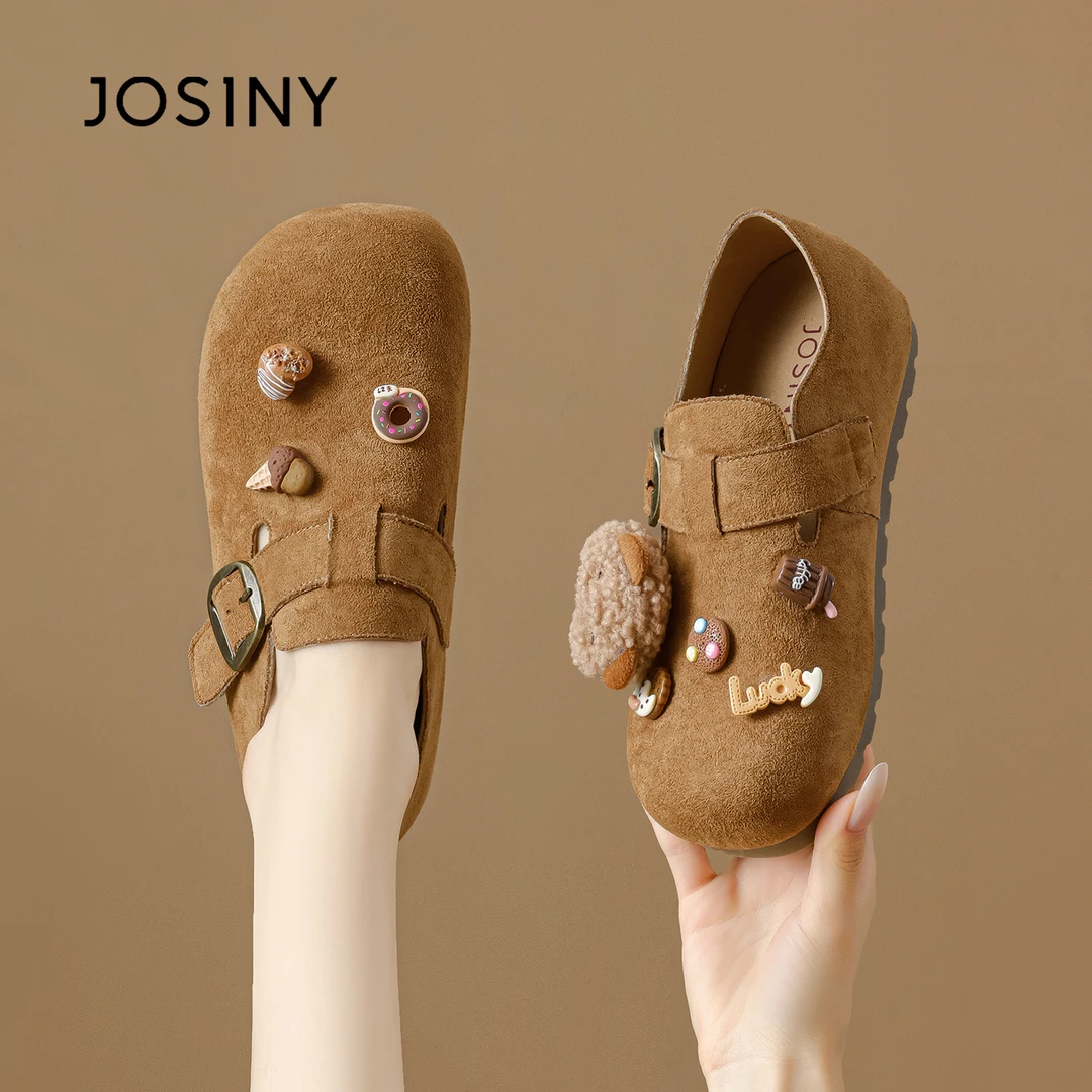 卓诗尼2025秋季圆头深口套筒透气平底低跟单鞋软底包头防滑豆豆鞋