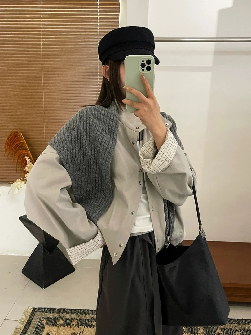 韩系休闲风莱赛尔时尚排扣配披肩立领风衣外套女3690