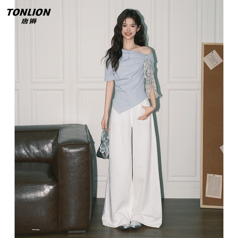 唐狮美式白色宽松阔腿牛仔裤女薄款高腰梨形自然垂感显瘦直筒长裤